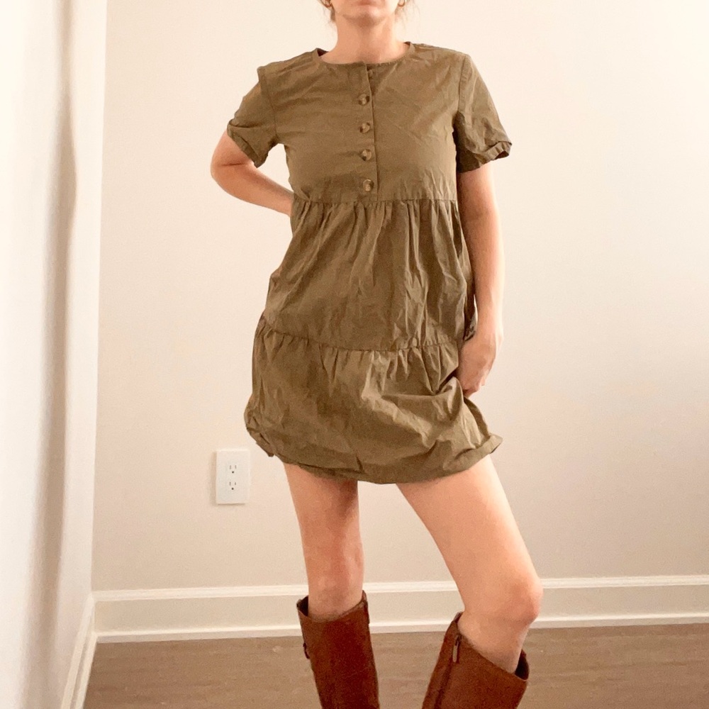 Madewell Army Green Button Front Tiered Babydoll Dress
